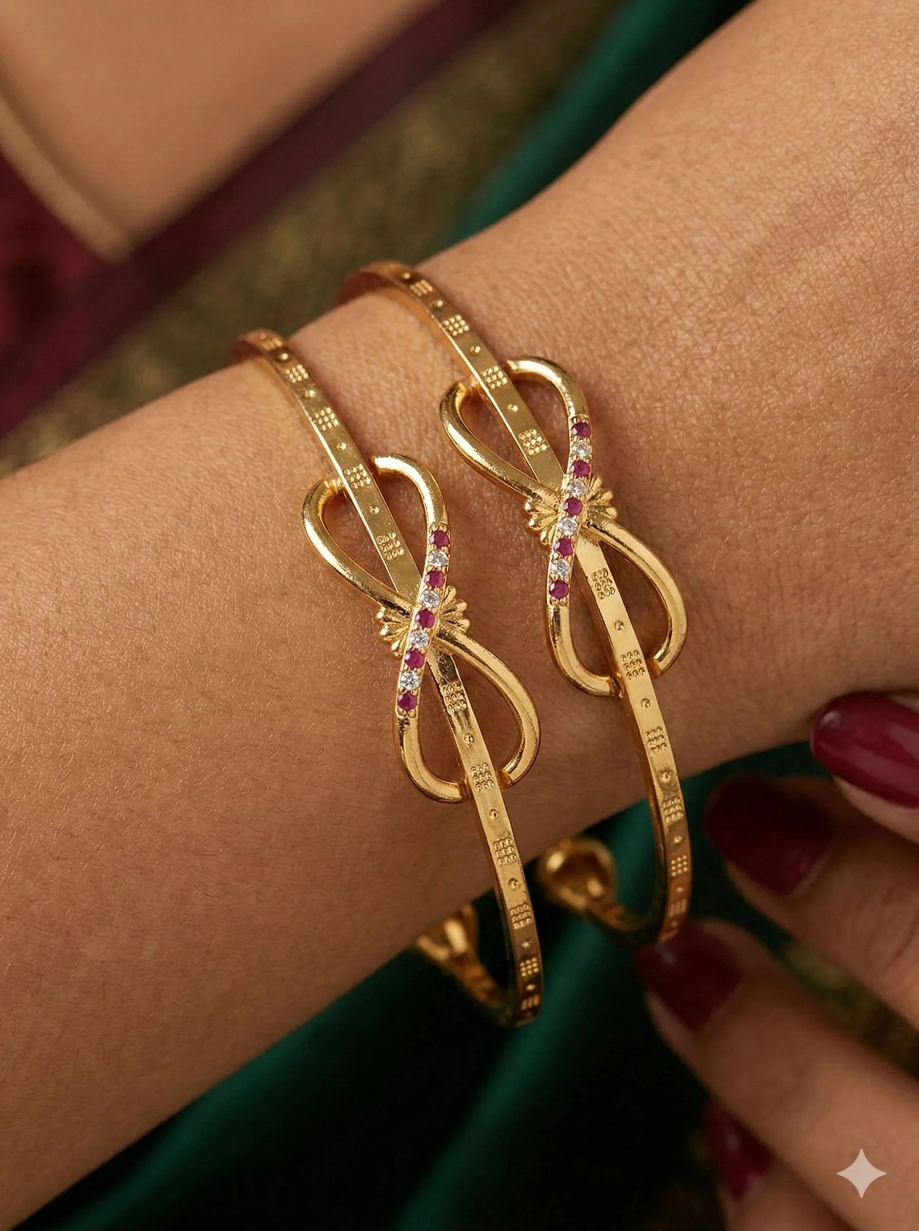 Elegant Infinity Bow Micro Gold Plated Ruby And Designer Bangles (Set Of 2) - Image 2